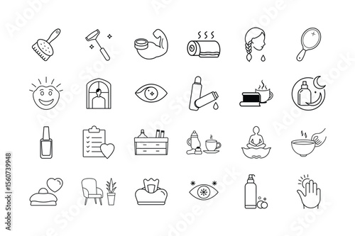 Self Care and Pampering Icon Set Skincare Relaxation Beauty Routine Spa Essentials Wellness and Me Time Symbols