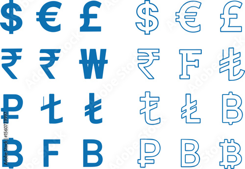 Top 10 Currency Symbols Set – Solid and Outline Icons for Dollar, Euro, Yen, Pound, Rupee, Won, Franc, Ruble, Bitcoin, and Lira