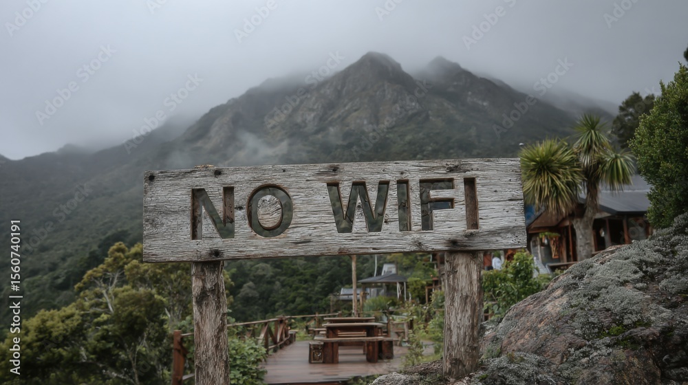 Obraz premium A wooden sign indicating no wifi stands prominently in a remote location. In the background, lush greenery and a towering mountain are partially shrouded in morning mist, creating a serene atmosphere.