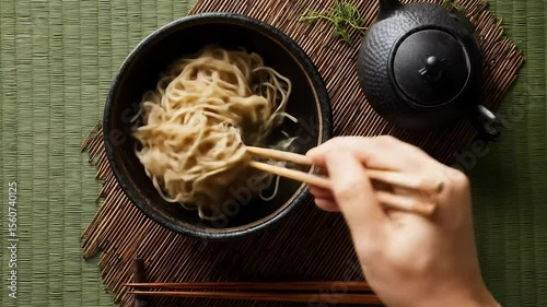 A hand uses chopsticks to lift noodles from a dark bowl, beside a small teapot and dipping sauce on a woven mat.