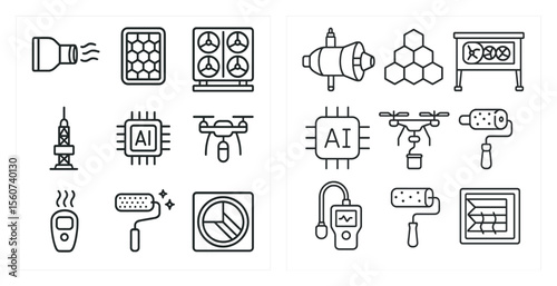 Set of icons for technology and science. The icons include a computer, a robot, a drone, a cell phone, a camera, a light bulb, a microphone, a keyboard, a mouse, a TV, a projector, a robot