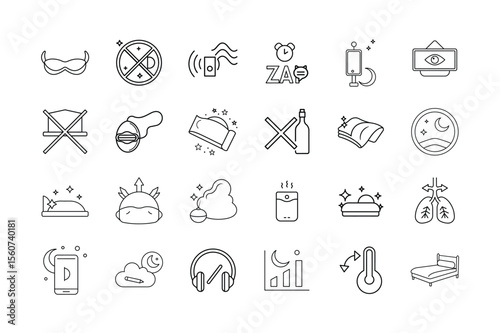 Sleep and Rest Optimization Icon Set Bedtime Routine Relaxation Aids Sleep Hygiene Noise Control Breathing and Nighttime Wellness Symbols