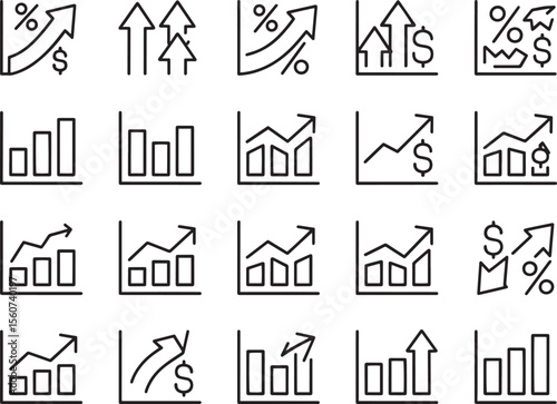 Collection of financial growth charts and upward trending arrows icons