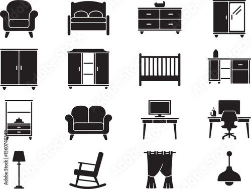Collection of black furniture and home decor icons on white background