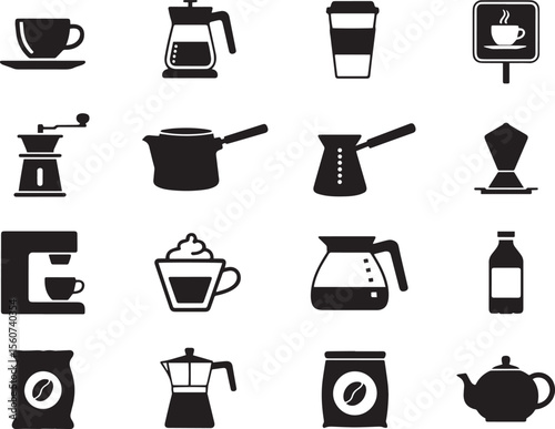 Collection of black and white coffee icons and symbols for cafe and restaurant