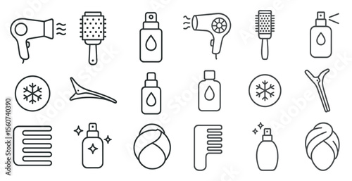 Collection of hair care products and tools. Concept of organization and order, with each item neatly arranged in a row. The use of a black and white color scheme adds a timeless