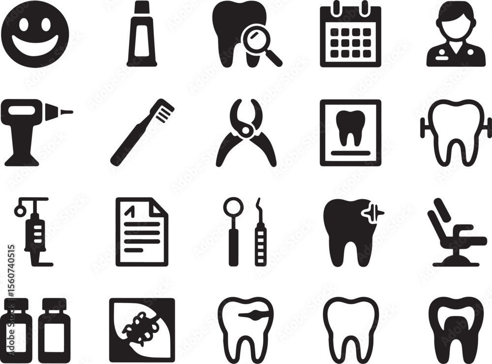 Obraz premium Collection of dental care and dentistry icons including teeth and tools