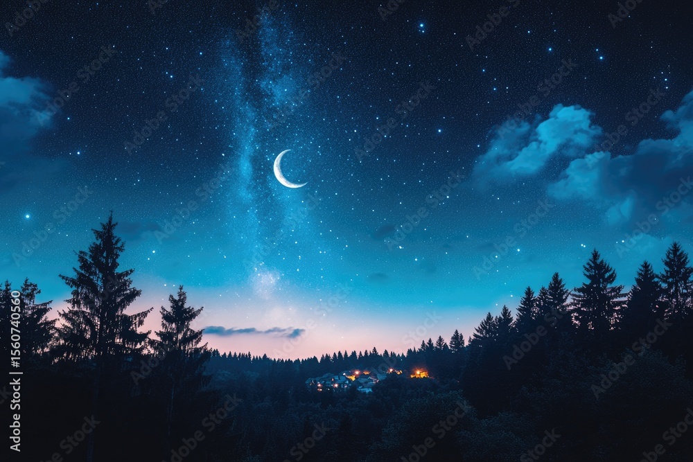 Naklejka premium Night sky over a forest village. Silhouetted evergreen trees frame a valley scene beneath a celestial display of a crescent moon, milky way, and countless stars. 