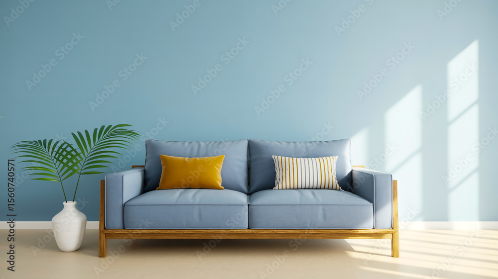 Fototapeta premium A modern minimalist living room scene with a light gray two-seater sofa positioned against a light blue wall.