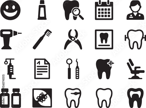 Collection of dental care and dentistry icons including teeth and tools