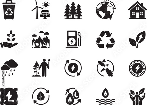 Collection of black environmental and renewable energy icons on a white background