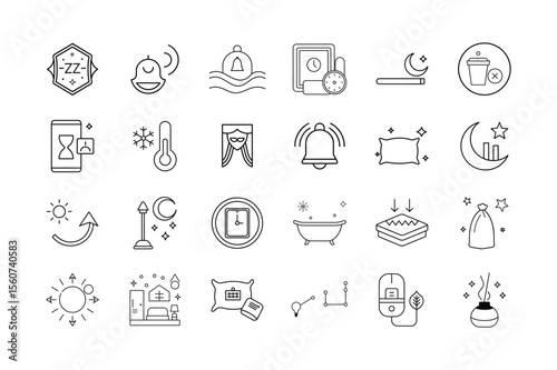 Sleep and Rest Optimization Icon Set Bedtime Routine Relaxation Sleep Tracking Night Mode Meditation and Sleep Environment Symbols