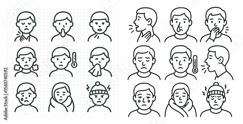 The image is a collection of cartoon faces that depict various symptoms of illness. Scene is serious and somber, as the faces are all looking sick and unwell