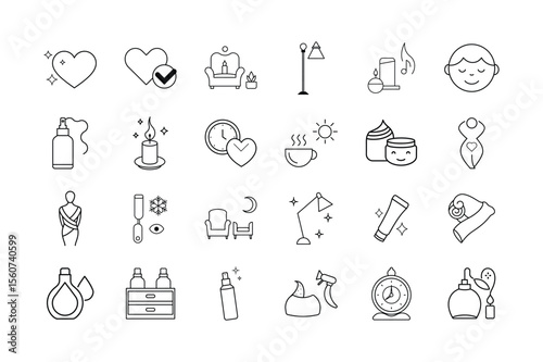 Self Care and Pampering Icon Set Wellness Routine Beauty Products Spa Treatment Relaxation Aromatherapy and Skincare Symbols
