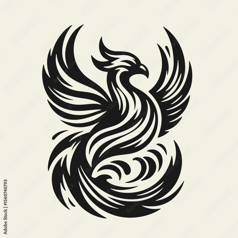 Obraz premium Black and white silhouette tattoo design of a phoenix bird, stylized in vintage woodcut or linocut technique. Clean lines, retro aesthetic, powerful mythical creature rising.