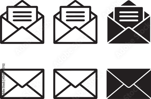 Set of six envelope icons with open and closed variations in outline and solid styles