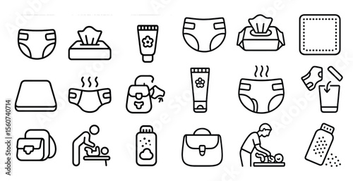 Set of icons for baby care items, including diapers, wipes, and bottles. The icons are drawn in a simple, minimalist style, with a focus on the essential items needed for caring for a baby
