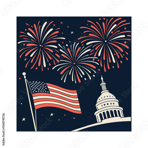 Patriotic 4th of July celebration with American flag and fireworks over the Capitol Building in Washington, D.C.
