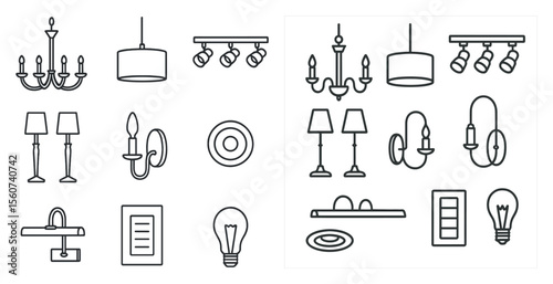 Collection of light fixtures and lamps are shown in a grid. Scene is one of organization and order, as the various items are neatly arranged in rows