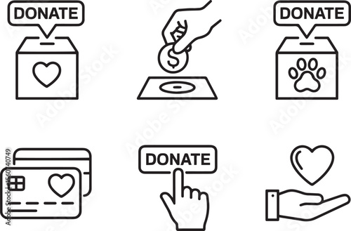 Collection of donation icons including donation boxes credit cards and hand giving heart