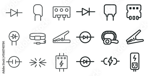 Collection of electrical symbols and components. The symbols are drawn in a simple, clean style. Scene is one of technical precision and order