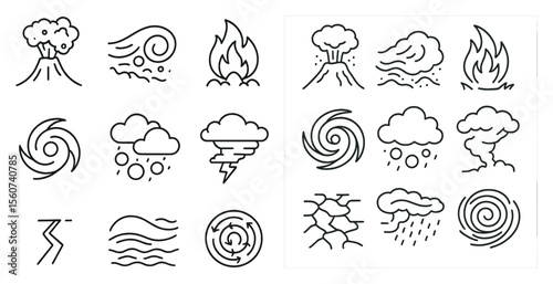Collection of weather symbols, such as a volcano, a fire, and a storm. These icons represent various natural phenomena and can be used to convey different moods or ideas. For example