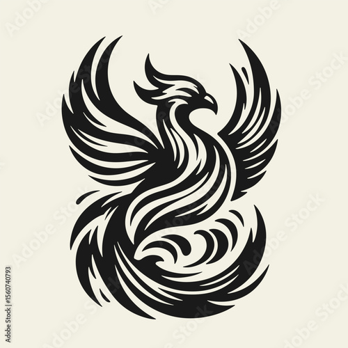 Black and white silhouette tattoo design of a phoenix bird, stylized in vintage woodcut or linocut technique. Clean lines, retro aesthetic, powerful mythical creature rising.