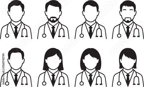 Diverse medical professionals icon set featuring doctors with stethoscopes and various hairstyles