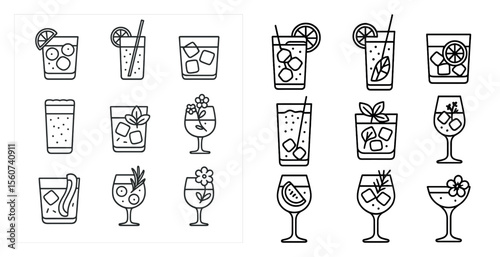 The image is a set of 12 different types of drinks, all in a line. The drinks include a variety of glasses, such as wine glasses, martini glasses, and tall glasses