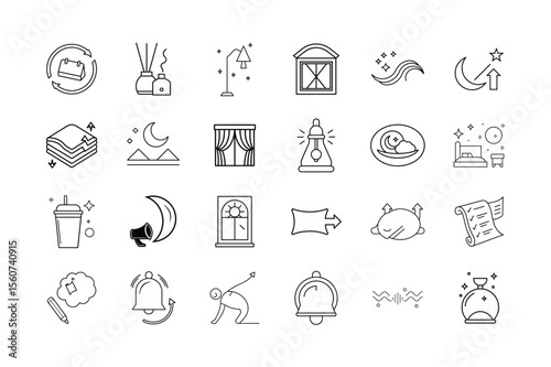 Sleep and Rest Optimization Icon Set Bedtime Routine Sleep Hygiene Relaxation Aromatherapy Sleep Tracking and Nighttime Wellness Symbols