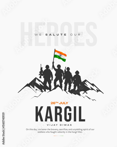 Illustration honoring the bravery and sacrifice of Indian soldiers on Kargil Vijay Diwas. Features armed troops and the Indian flag, perfect for patriotic posters, social media, and memorial art.