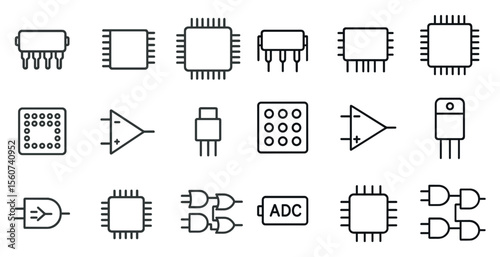 Collection of electronic components in a grid. The components include a microchip, a capacitor, a resistor, and a transistor. Concept of precision and technicality