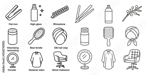 Collection of hair care products and accessories. The image is a collection of various hair care products and accessories, including a hair dryer, a hair brush, a hair curler, a hair straightener