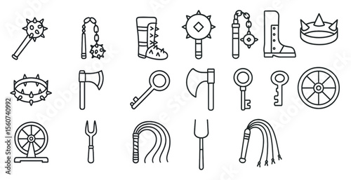 Collection of weapons and accessories, including a key, a whip, and a crown. Concept of power and authority, with the crown and other items suggesting royalty or leadership. The weapons