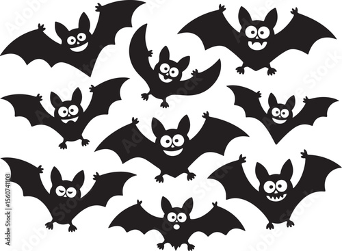Cute Halloween Cartoon Bat Silhouettes Set on White Background"