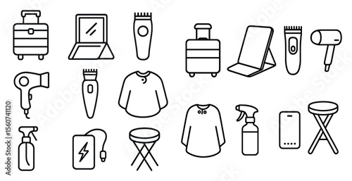 Collection of items related to travel and personal care. The items include a suitcase, a laptop, a hair dryer, a bottle of shampoo, a bottle of lotion, a bottle of perfume, a bottle of conditioner