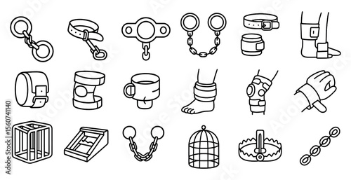 Collection of various items, including handcuffs, a cup, and a cage. Concept of confinement and restriction