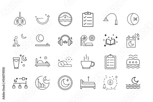 Sleep and Rest Optimization Icon Set Bedtime Routine Relaxing Habits Sleep Hygiene Night Mode Calm Mind and Restful Sleep Symbols