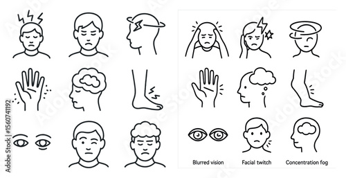 Series of faces with various expressions, including one that looks like it's in pain. The faces are drawn in black and white, and they are arranged in a grid-like pattern