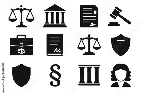 12 black law icons. Solid vector for justice, courts, and legal themes.