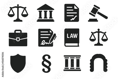 Black set of 12 legal icons. Minimal vector for contracts, advocacy, and rights.