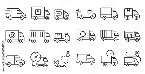 Series of white line drawings of trucks and cars, with one of the trucks labeled "Delivery"