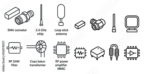 Collection of electronic components and devices, including a SMA connector, loop stick antenna, and a camera