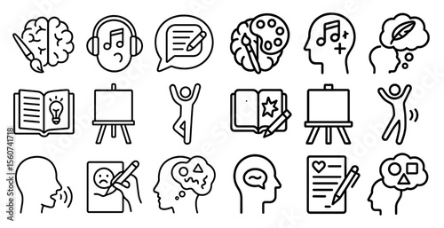 Set of icons that represent different activities and emotions. Some of the icons include a book, a pencil, a heart, and a person doing yoga