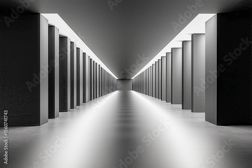 Long cell block corridor, with rows of cells on either side and minimal lighting creating a somber atmosphere