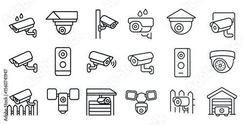 Series of security cameras are shown in a line, with some of them being outside and others inside