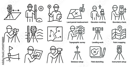 Series of icons depicting various surveying and mapping activities. The icons include a man holding a level, a man holding a compass, a man holding a tape measure, and a man holding a GPS device