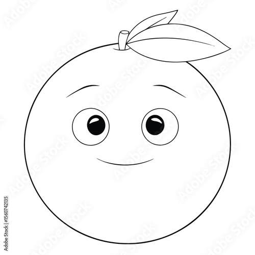 Cute Cartoon Orange Coloring Page With A Smiling Face And Leaves on a white background.