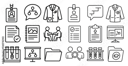 Set of icons for a medical office. The icons include a person in a lab coat, a clipboard, a computer, a chair, a book, a folder, a person in a suit, a person in a lab coat