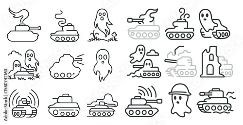 Collection of military and ghostly icons. The military icons include tanks, guns, and other war-related objects. The ghostly icons include ghosts, witches, and other spooky creatures